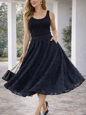 Catherine Malandrino Black Textured Midi Skirt Sz 8 ✨ Elegant A-Line Date Night